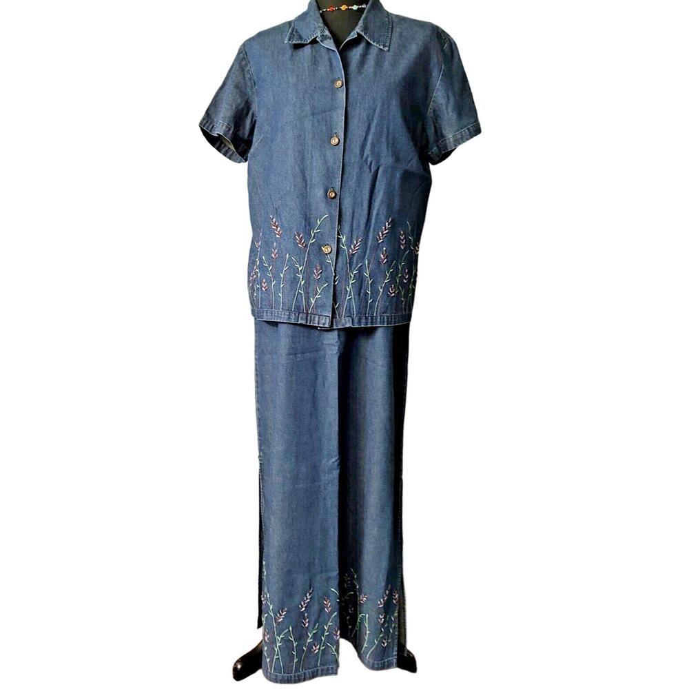 Jane Ashley Women's Maxi Shift Dress w/Jacket Denim embroidery beads Size M + S